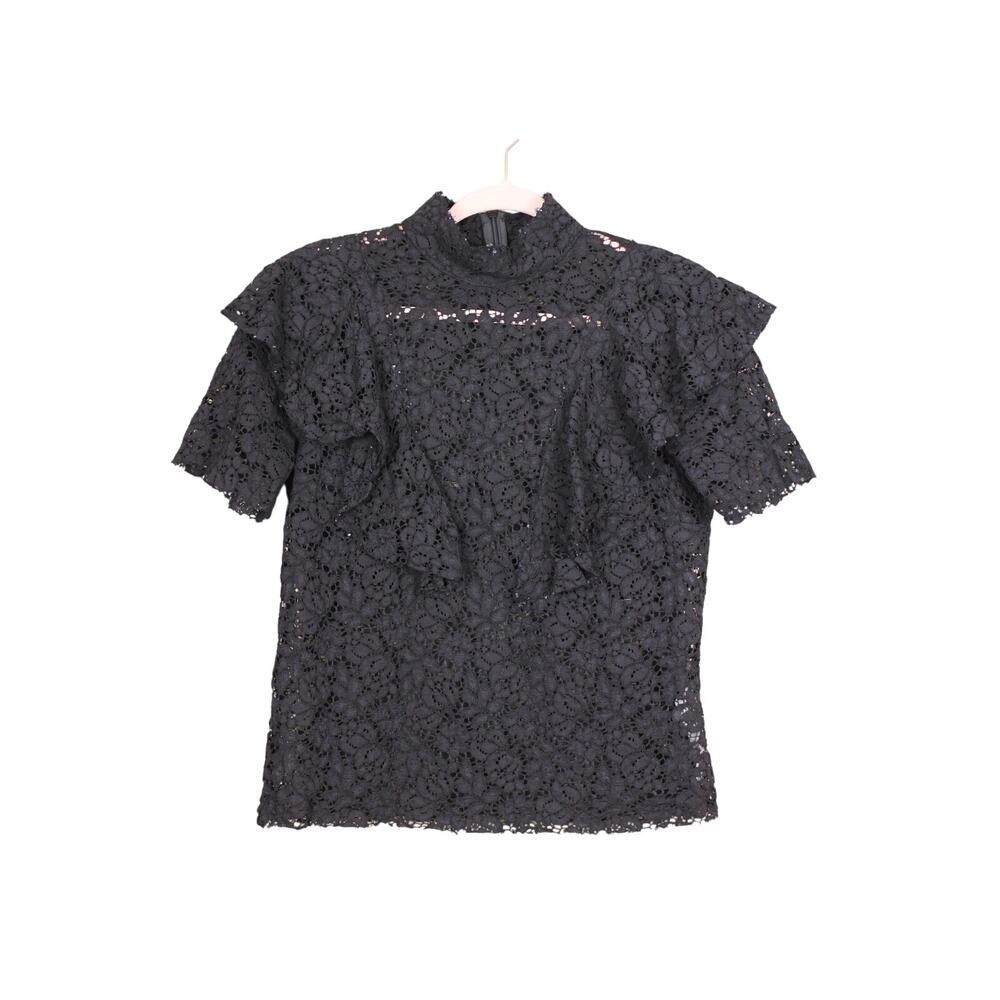 Zara Black Sheer Lace Sleeveless Flutter Ruffle Detail Moc Neck Top Blouse Med